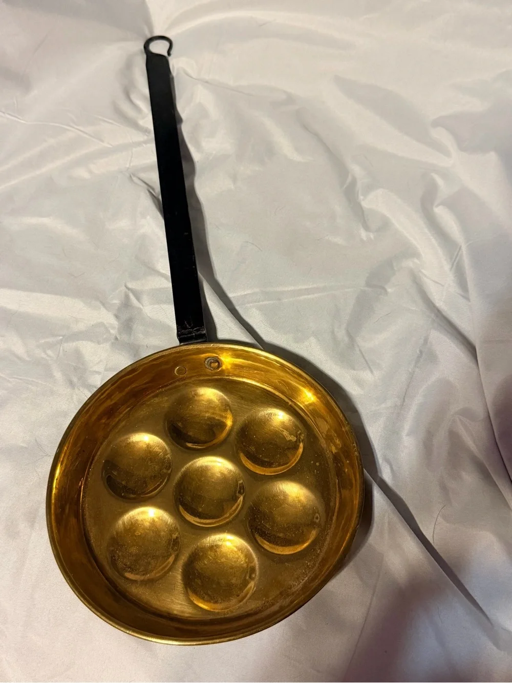Vintage Brass Æbleskiver Danish Pancake Pan 7 Cup Iron Handle